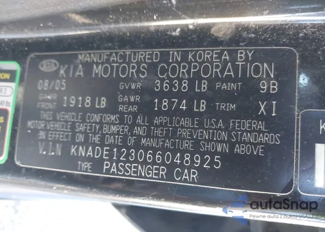 2006 Kia Rio Lx from USA, damaged, VIN KNADE123066048925